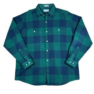 Vtg Wool Blend Button Up Flannel Shirt Blue Green Buffalo Plaid Sz L Lord Taylor